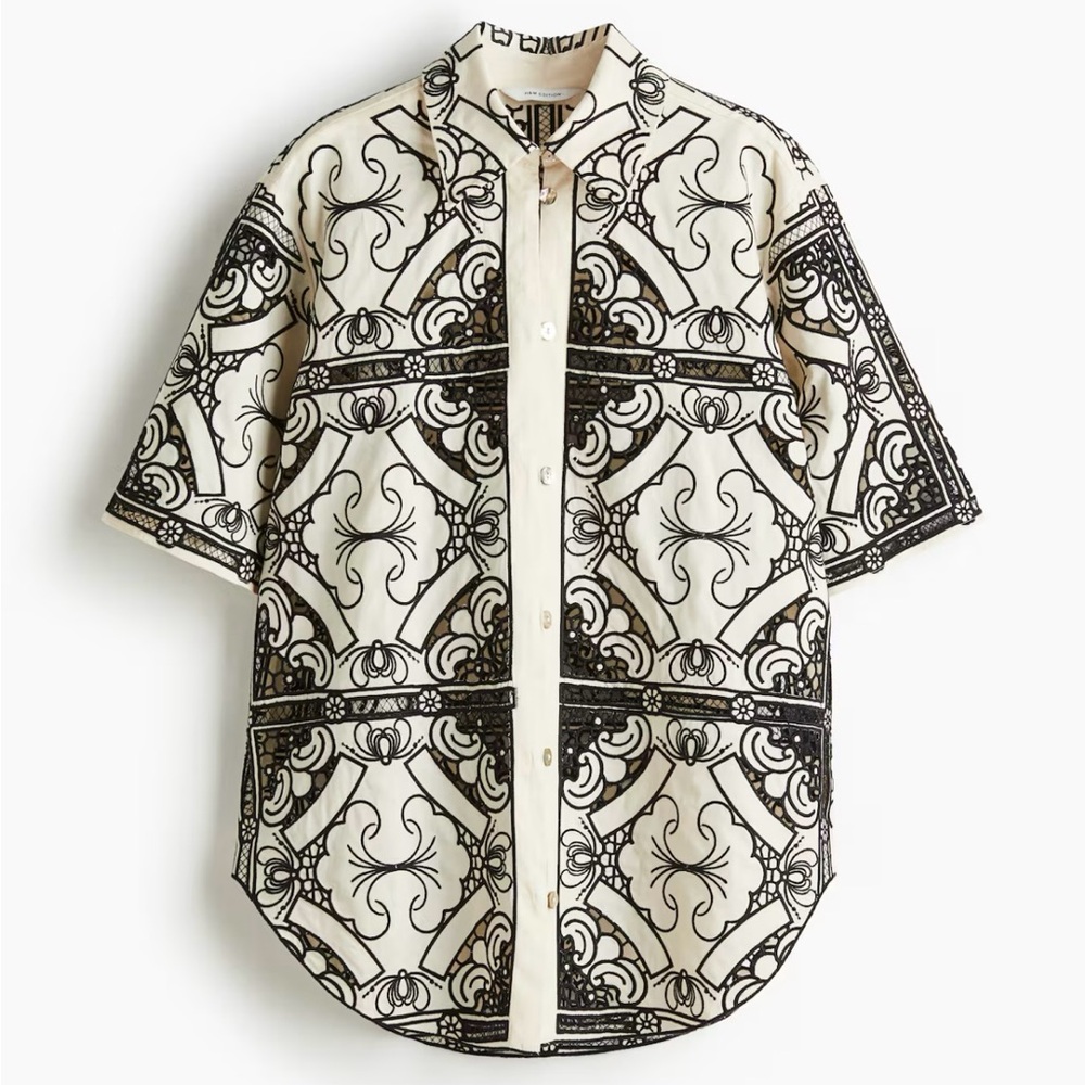H&M NWT EMBROIDERED CREAM AND BLACK SHIRT - Picture 2 of 9
